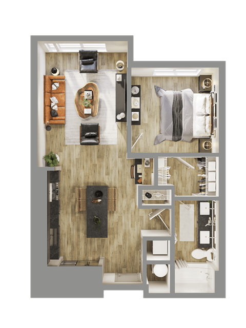 Floor plan for 1 bed, 1 bath, 752 sqft